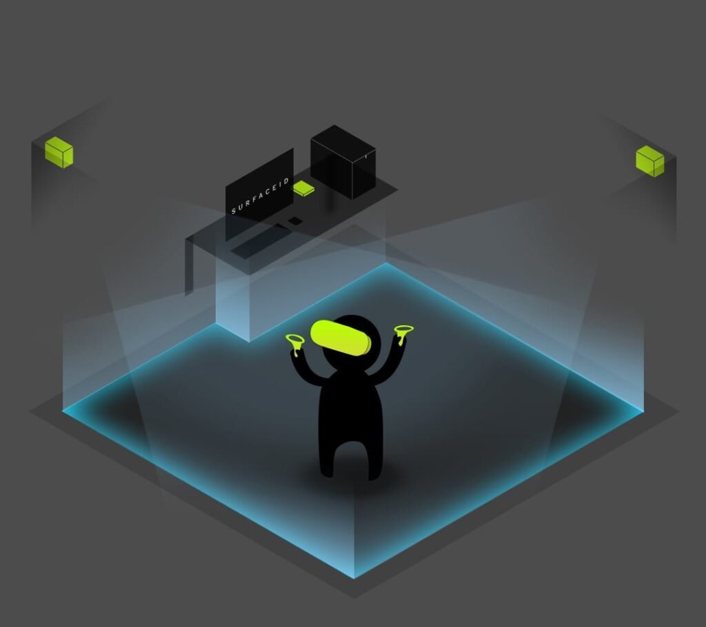 character interacting with virtual reality within SurfaceID office cube