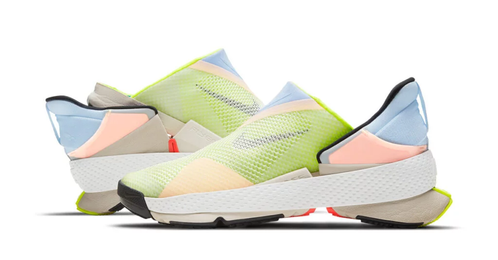 nike flyease accessible sneaker product in green and pink 